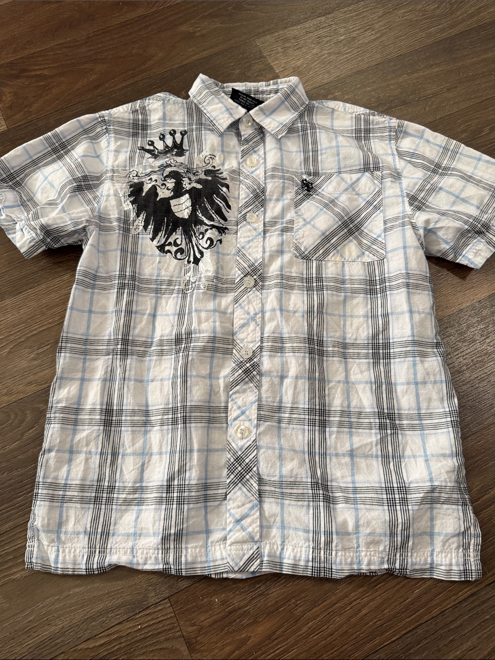South Pole White Plaid Short-Sleeve Button-Down with Black Crest